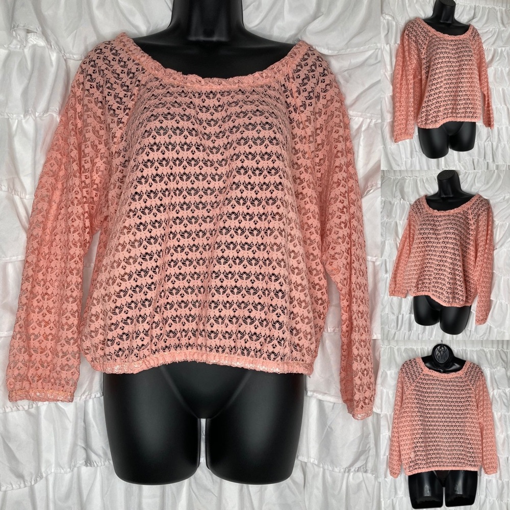 American Apparel pink knit mesh crochet pullover